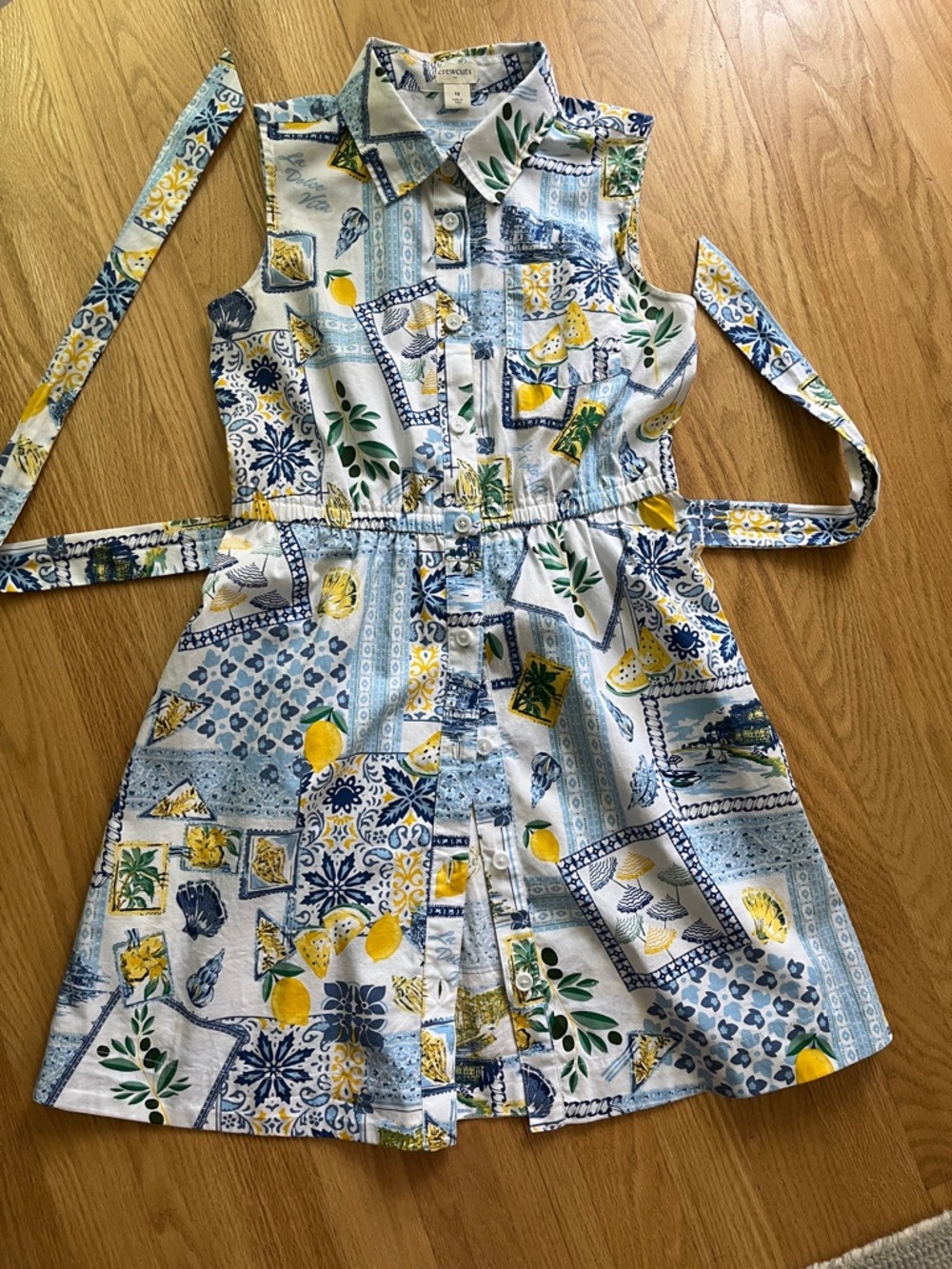 Crewcuts Sleeveless Lemon & Tile Print Shirt Dress in Blue, Yellow & White